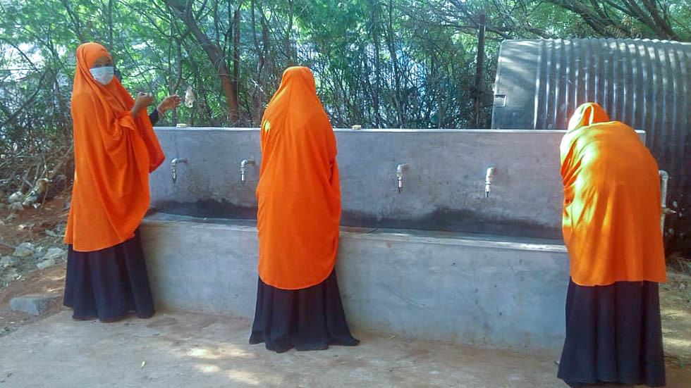 Students using a school handwashing station in Dadaab, Kenya, a Global Handwashing Day focus area